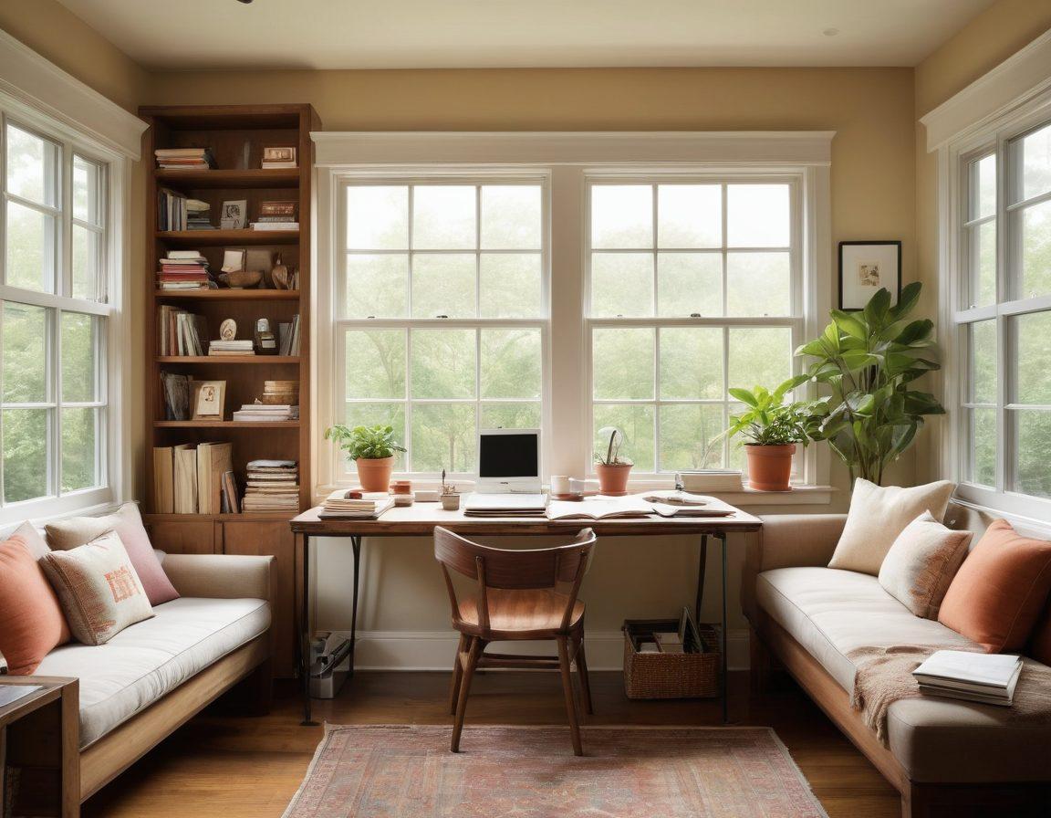 A serene workspace with a postal worker's desk on one side, featuring organized mail, a laptop, and personal items like family photos. On the other side, a cozy living room scene with a book, a warm cup of tea, and a window view of nature. A balanced scale in the center symbolizing work-life harmony. soft lighting. warm colors. super-realistic.