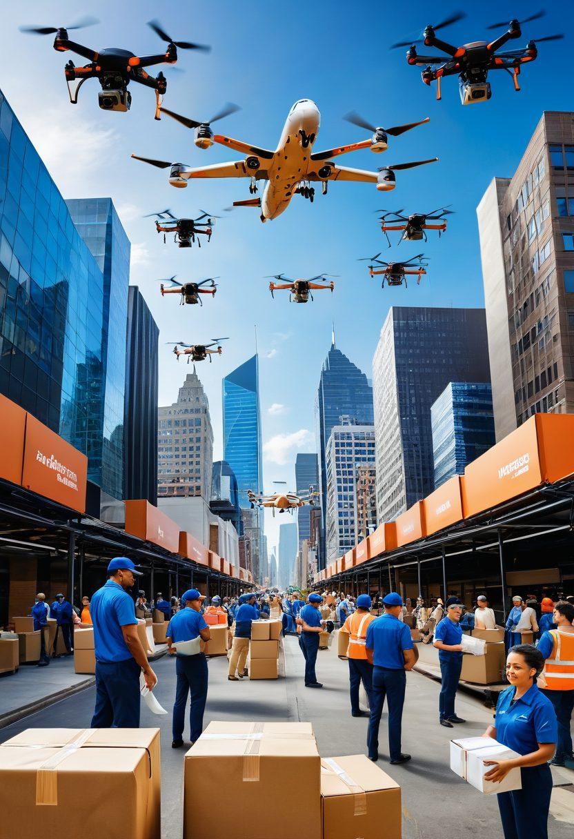 A dynamic collage showcasing various mail service jobs, featuring a diverse group of people in modern uniforms handling parcels in a bustling environment. Highlight elements like delivery drones, sorting machines, and happy customers receiving packages. Incorporate vibrant colors to convey excitement and opportunity in career transformation. super-realistic. vibrant colors. bustling city background.