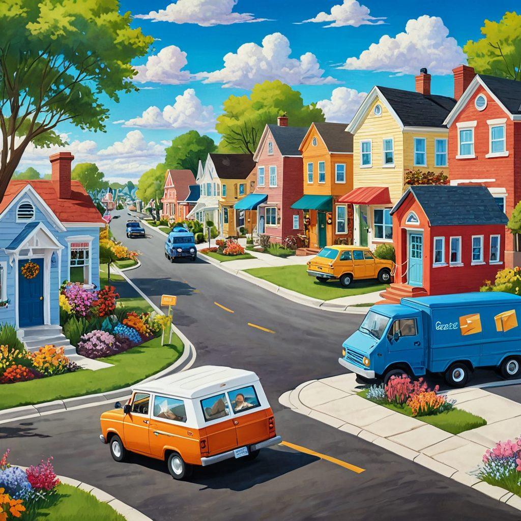 A whimsical and vibrant postal scene featuring diverse postal workers joyfully engaging in various activities, such as delivering packages, sorting mail, and interacting with cheerful customers in a sunlit environment. Include dynamic postal vehicles, colorful mailboxes, and a backdrop of a lively neighborhood. Elements of exploration and opportunity symbolized through open roads and dreamy clouds. bright colors. cartoon style.
